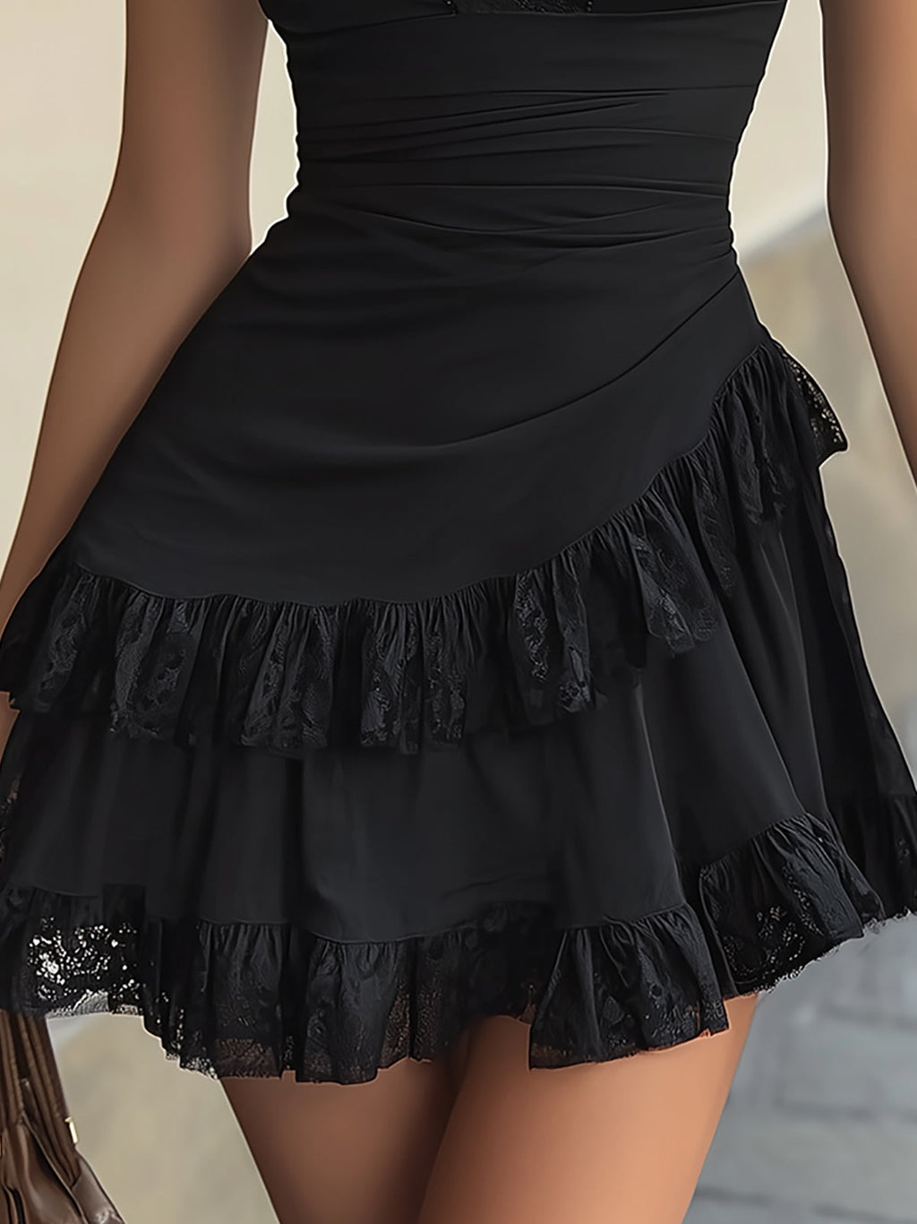 Estelle | Schwarzes Spitzen-Mini-Kleid mit Rüschen und V-Ausschnitt