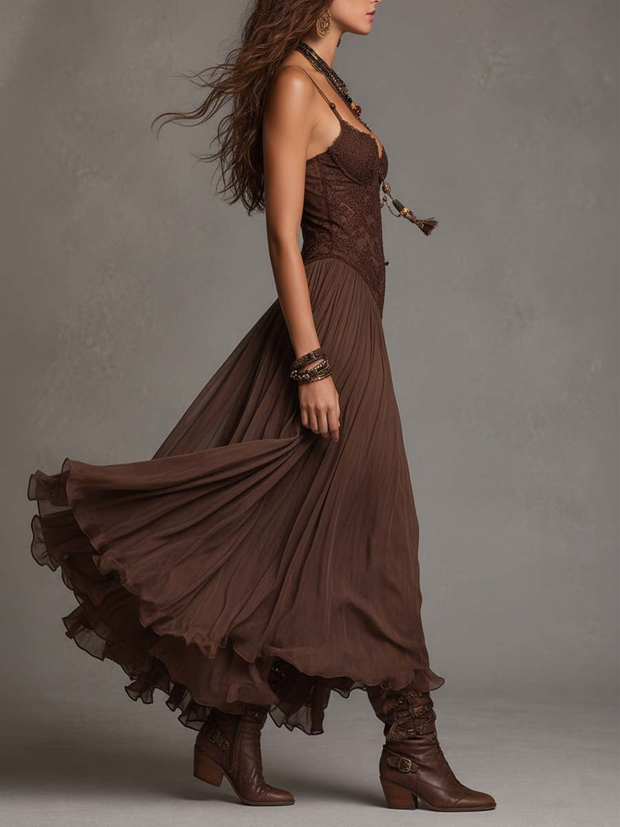 Élise | Braune Chiffon- und Spitzenlange Robe