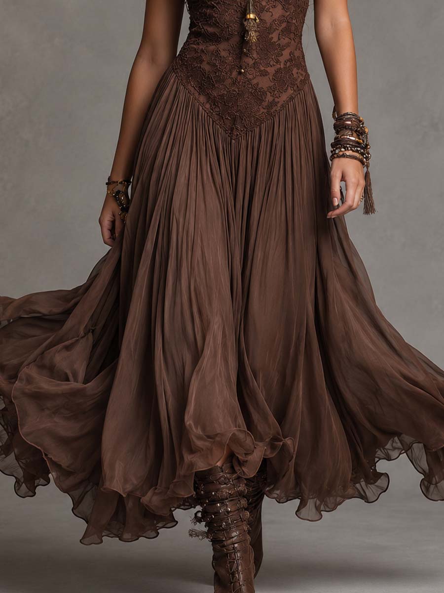 Élise | Braune Chiffon- und Spitzenlange Robe