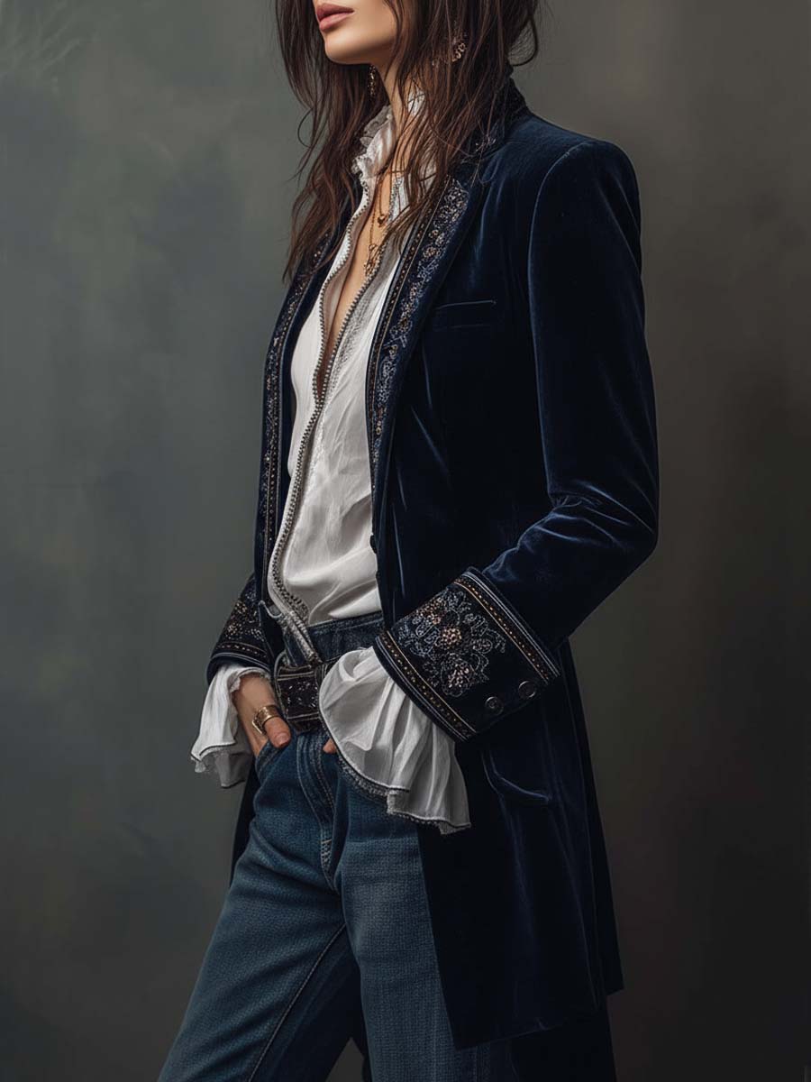 Athénaïs | Lange Vintage Bestickte Jacke in Marineblau