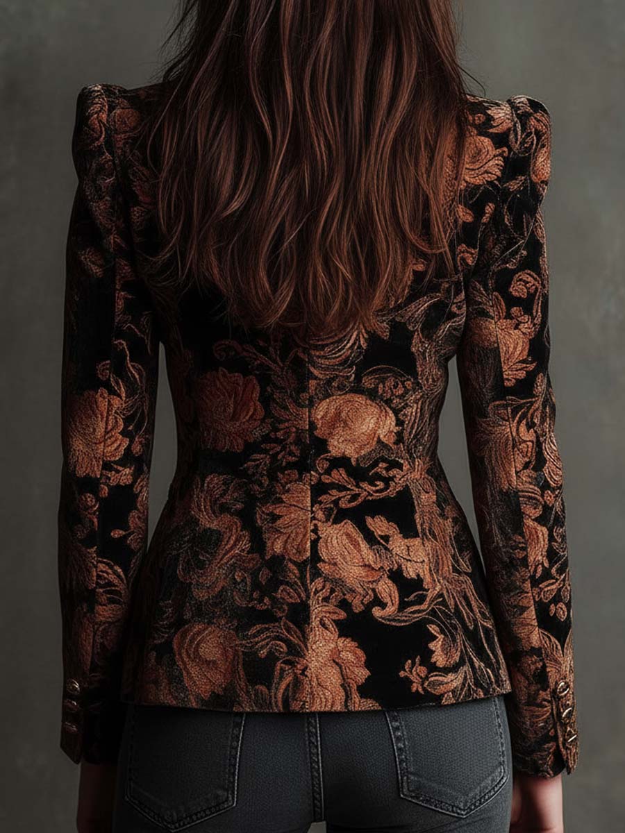 Bertille | Floral Print Blazer in Black and Bronze