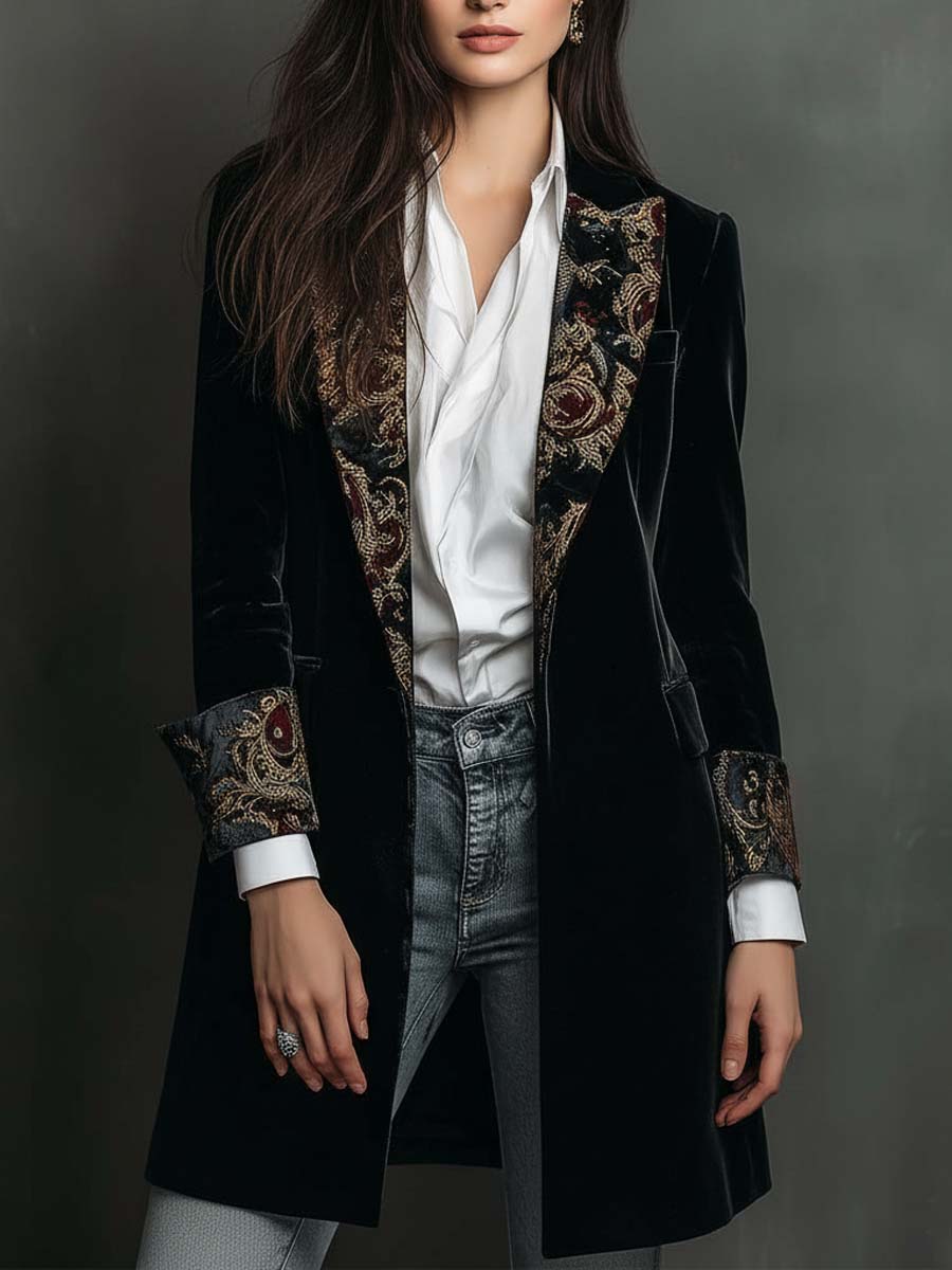 Léontine | Schwarz Taillierter Blazer mit Barockmuster