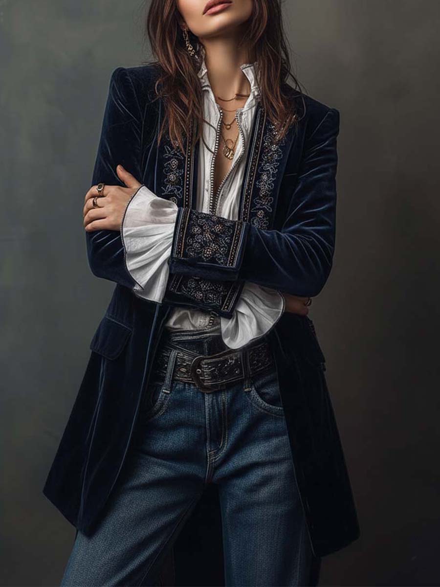 Athénaïs | Lange Vintage Bestickte Jacke in Marineblau
