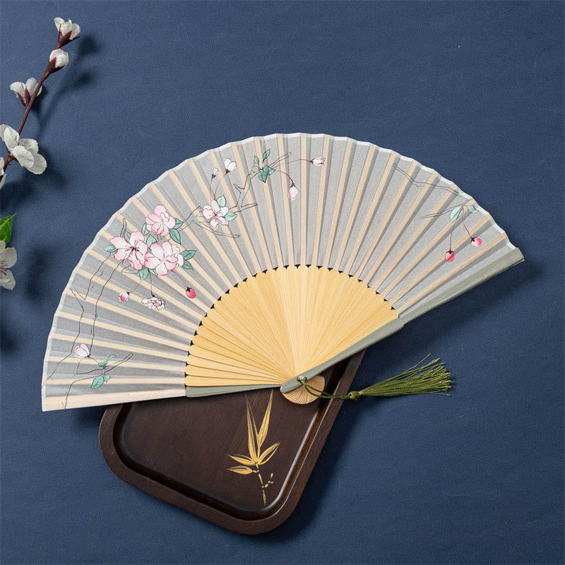 Faltbarer Handfächer aus Seide und Bambus mit Buddha-Motiven, Lotus, Begonie, Blume und Jasmin – 21 cm