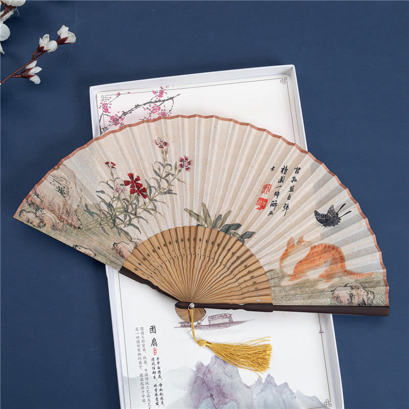 Buddha Butterfly Orchid Cat Handheld Cotton-Linen Bamboo Folding Fan - 22cm