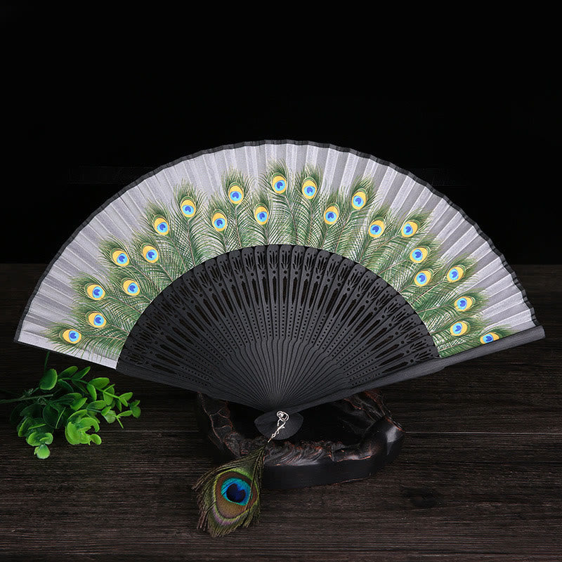 Buddha Stones Handheld Bamboo Folding Fan with Peacock Feather Design - 21.5 cm