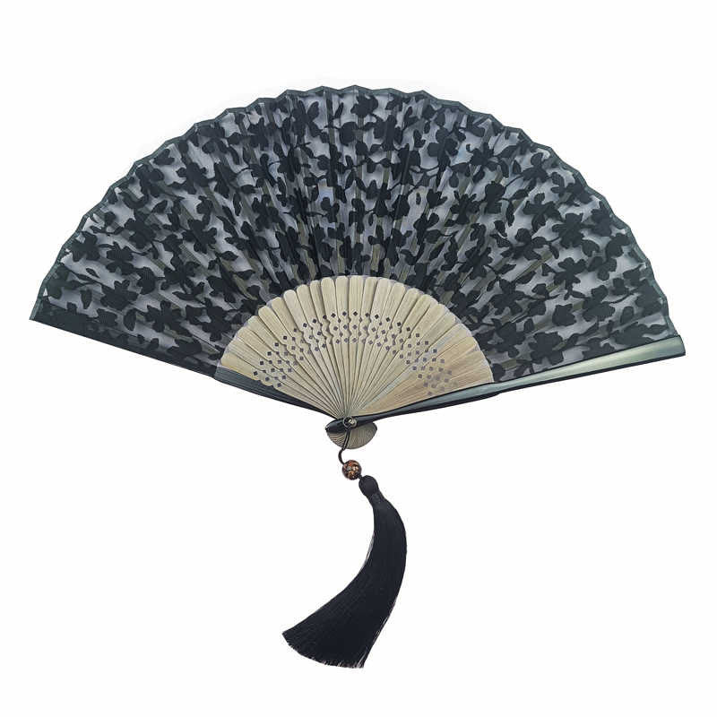 Retro Buddha Stones Floral Silk Handheld Bamboo Folding Fan