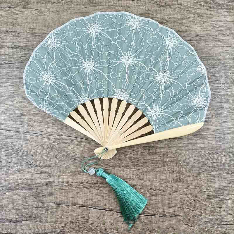 Retro Buddha Stones Large Floral Embroidery Shell-Shaped Tassel Handheld Bamboo Folding Fan