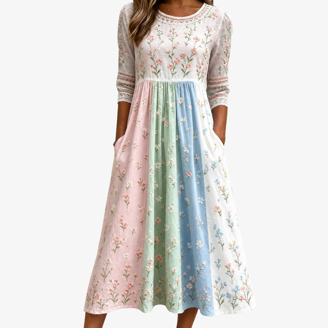 Pastell Midi-Kleid mit Blumenmuster und Taschen – Meadow