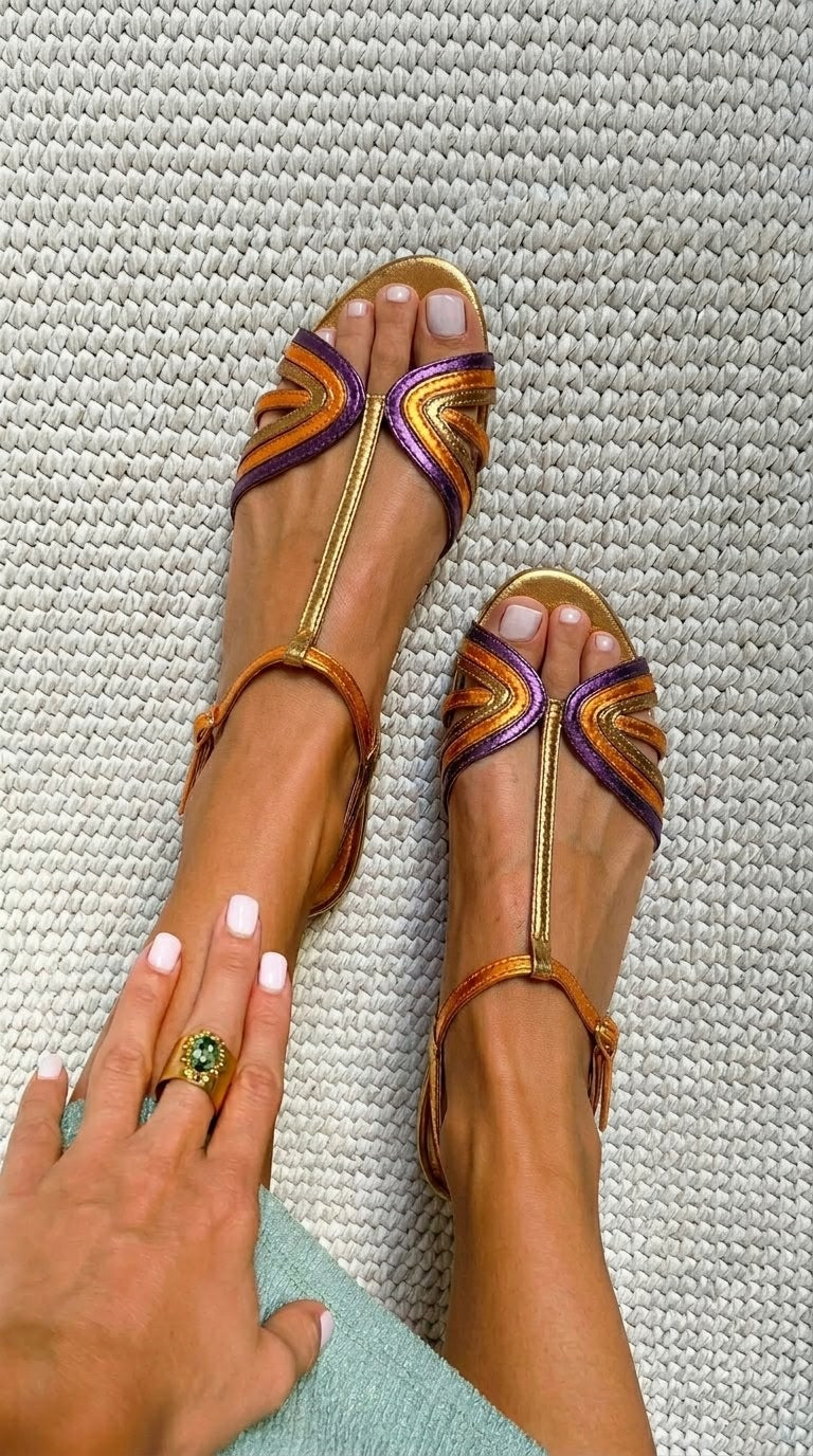 Lila und Goldene Metallische Peeptoe-Sandalen mit T-Riemen