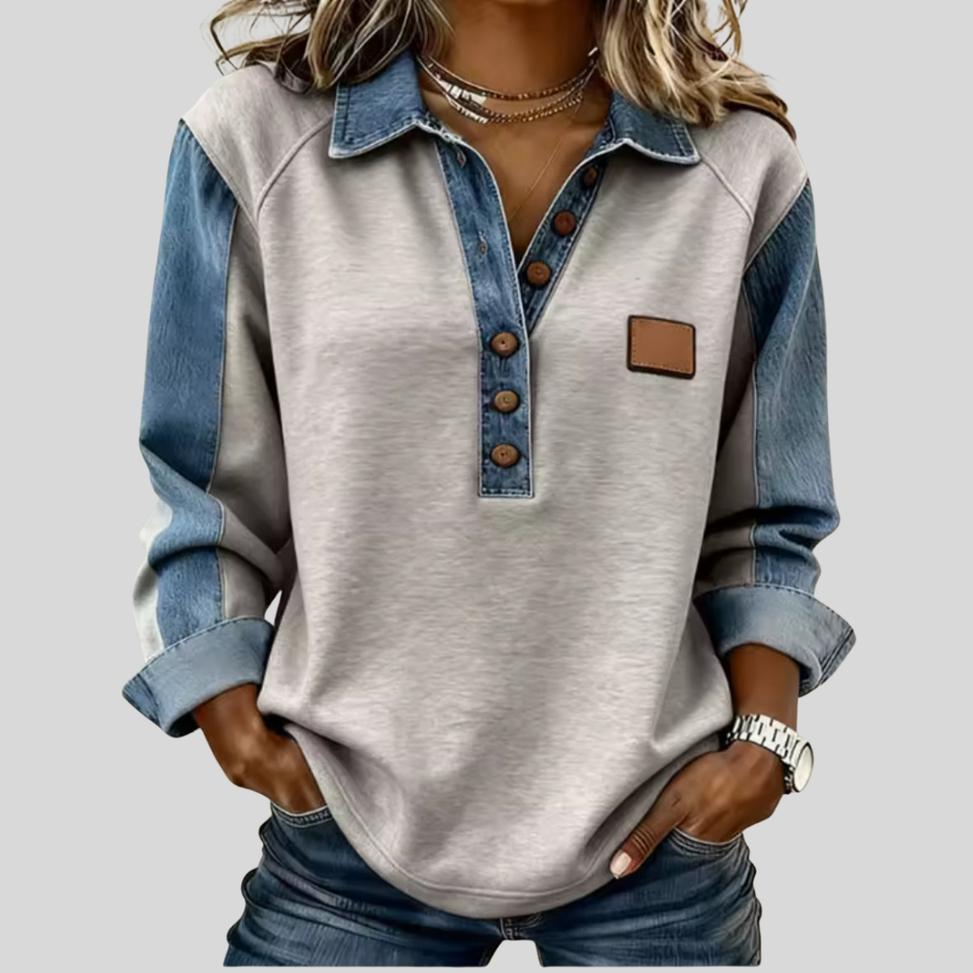 Voxanne | Pullover mit Denim-Kragen" can be rewritten as:

"Voxanne | Pullover mit Jeanskragen