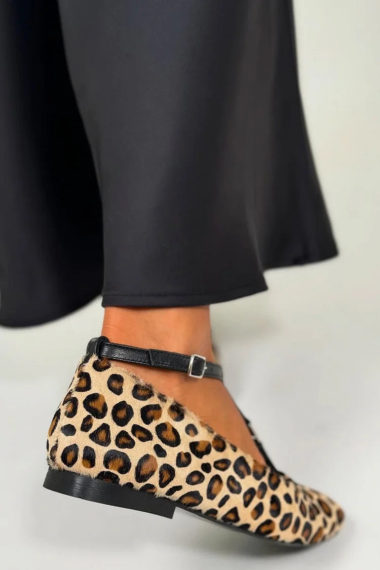 Beige Farbblock-Ballerinas mit Leopardenmuster, Schnalle und T-Riemen [Vorbestellung]