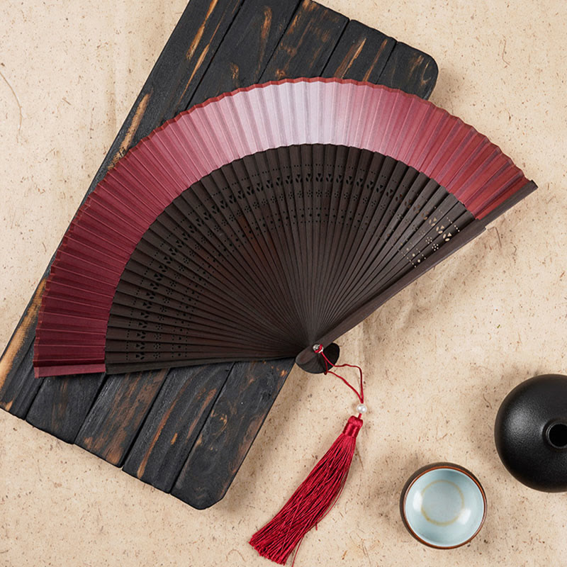 Praktischer Bambus-Faltfächer mit Buddha-Steinen, einfarbigem Farbverlauf und filigraner Gravur
