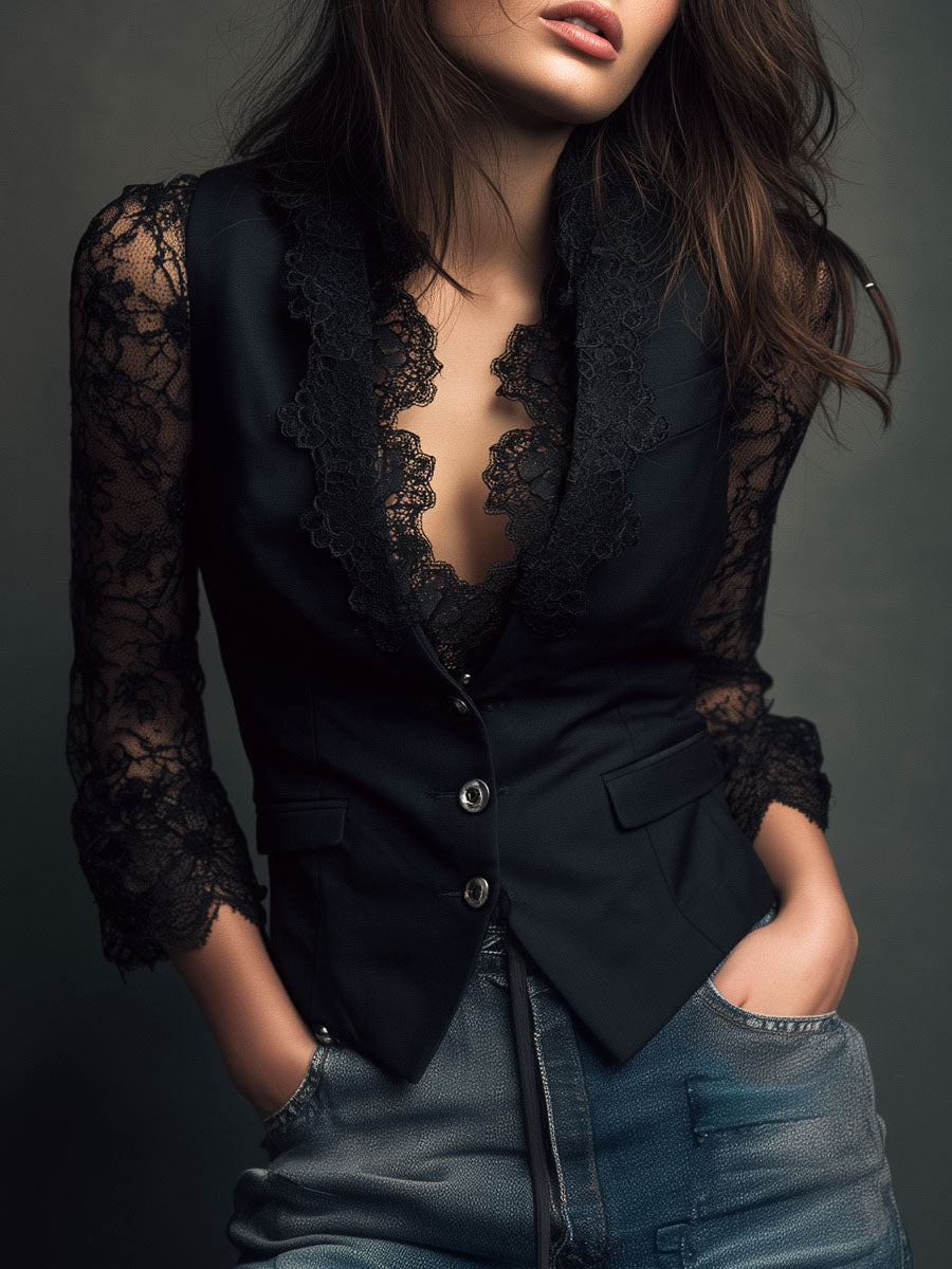 Noémie | Schwarzer Blazer mit Halbdurchsichtigen Ärmeln