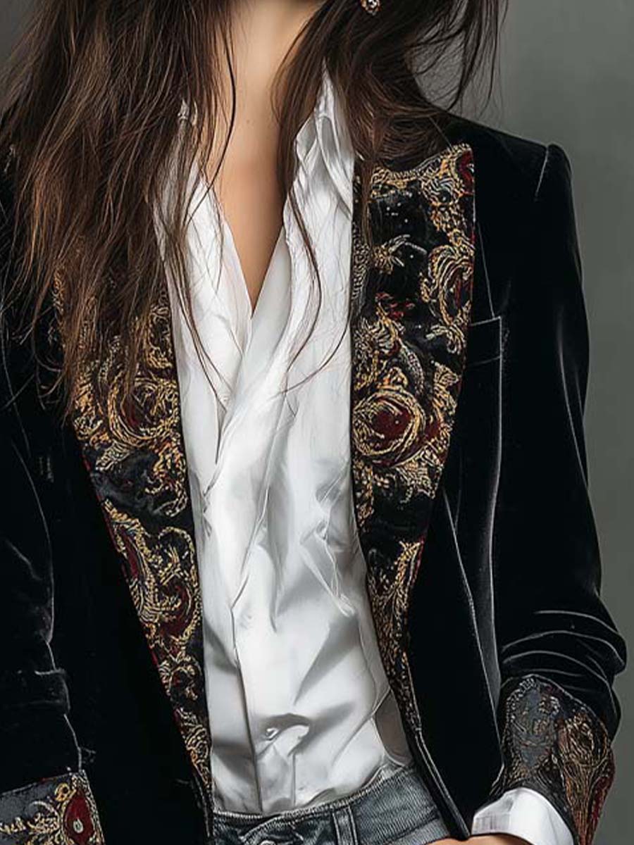 Léontine | Schwarz Taillierter Blazer mit Barockmuster