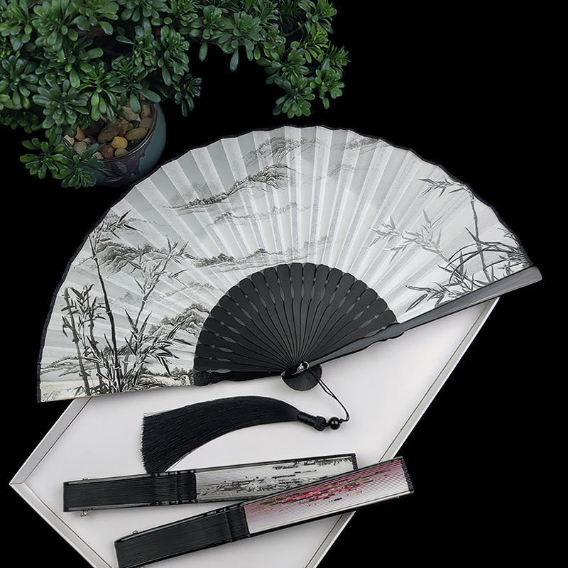 Vintage Buddha Stones Silk Hand Fan with Bamboo Frame - Peony Butterfly Lotus Design