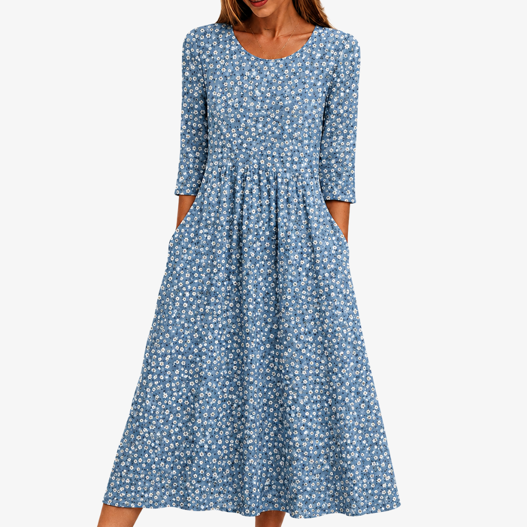 Midi-Blumenkleid - Blumenwiese in Blau