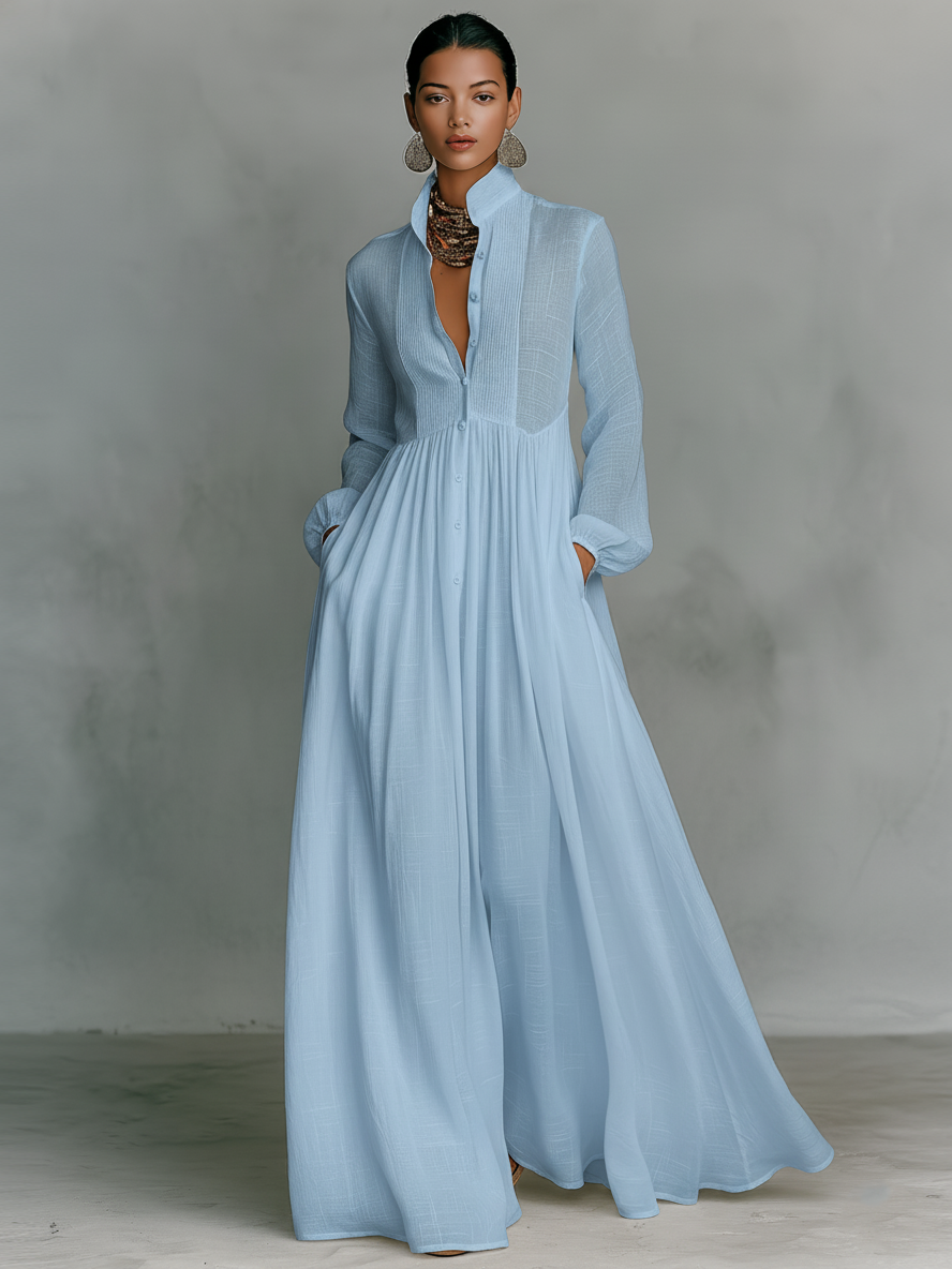 Sita | Patchwork Maxi Minikleid mit Hohem Kragen und Langen Ärmeln