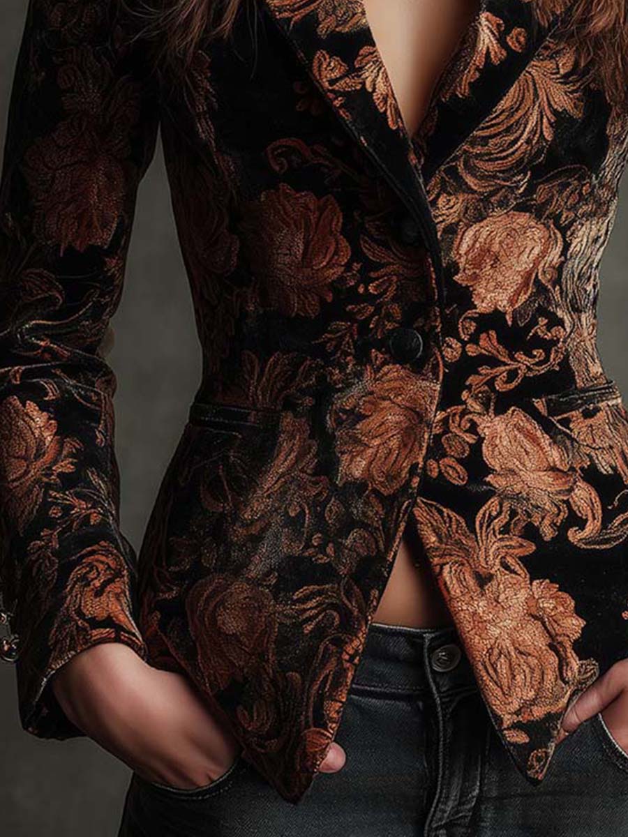 Bertille | Floral Print Blazer in Black and Bronze
