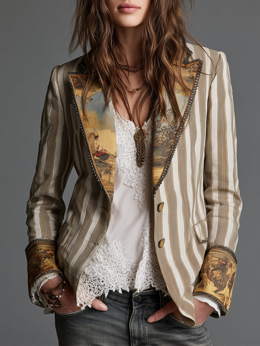 Suzanne | Gestreifter Boho-Blazer mit Muster-Revers
