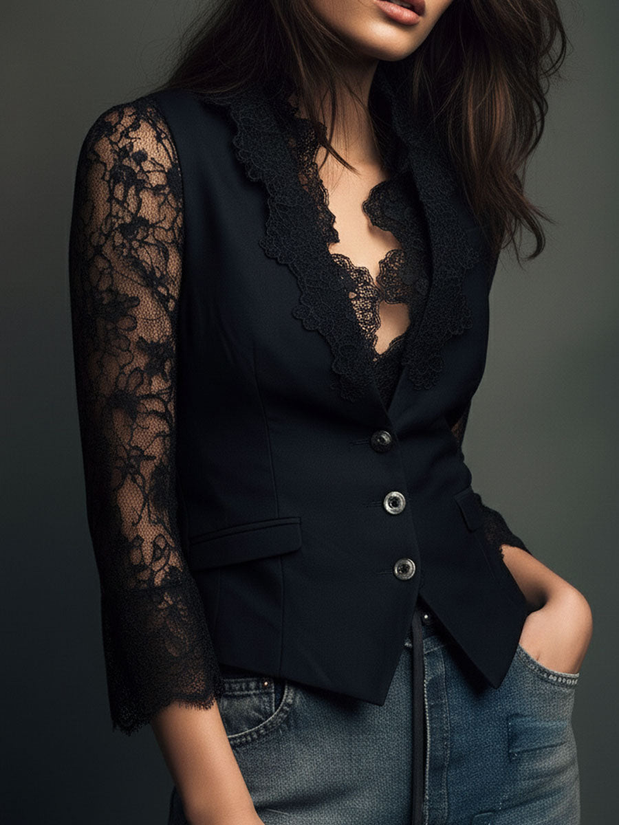Noémie | Schwarzer Blazer mit Halbdurchsichtigen Ärmeln