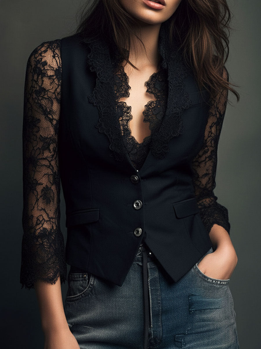Noémie | Schwarzer Blazer mit Halbdurchsichtigen Ärmeln