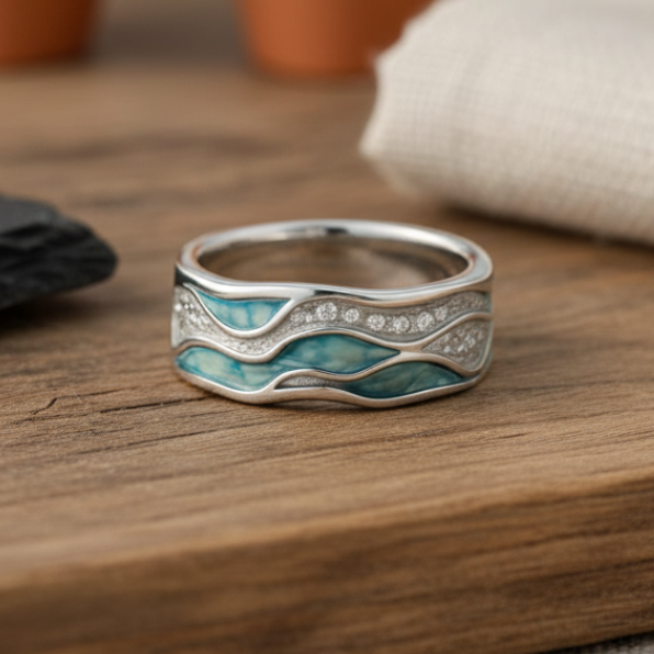 Silberner Ring mit Türkisfarbenen Wellen