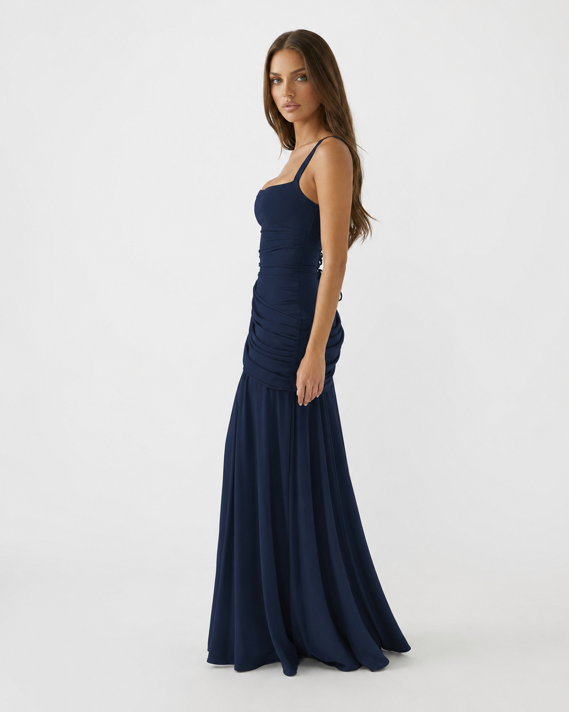 ENIE | Maxikleid mit gerafftem, eckigem Dekolleté