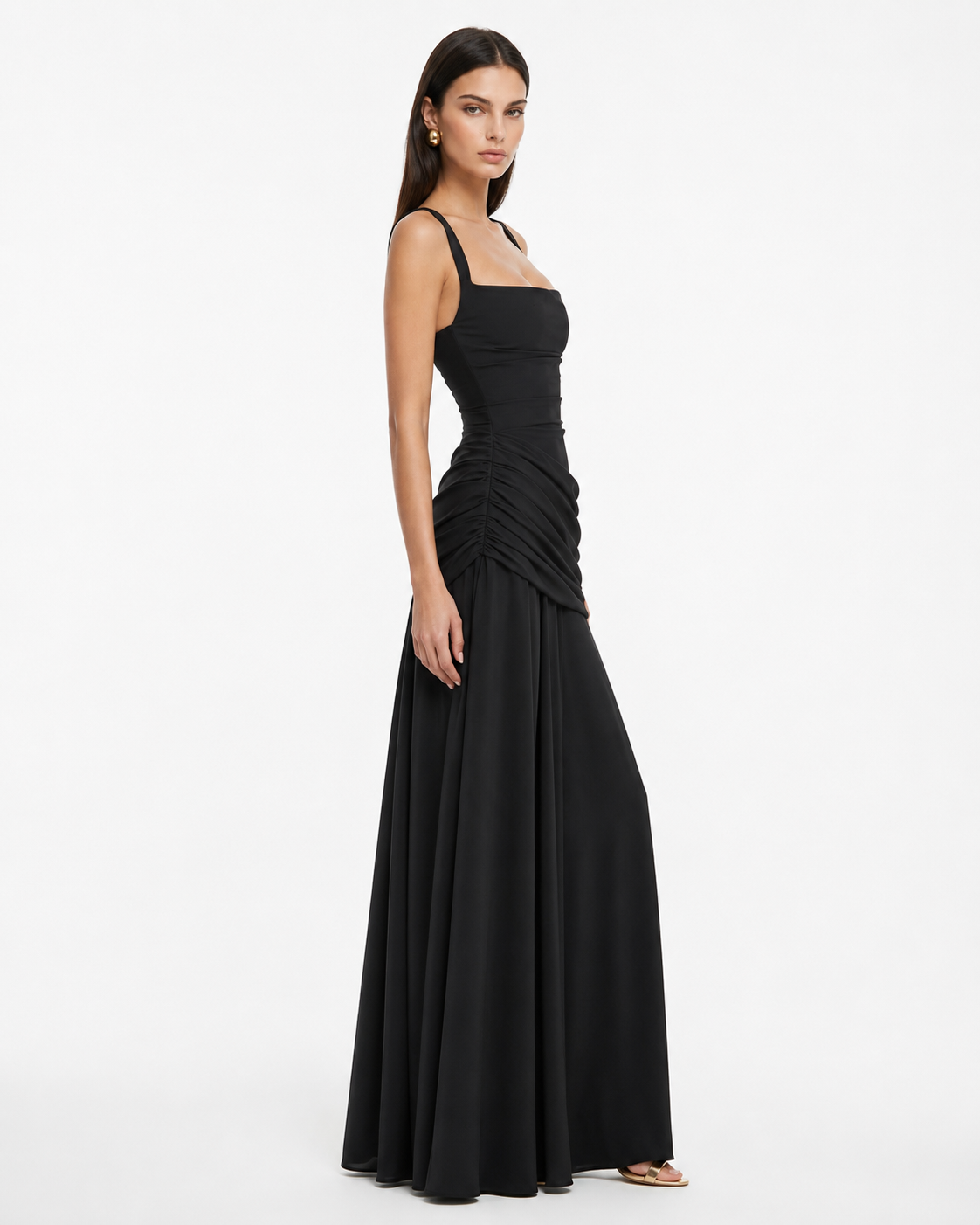 ENIE | Maxikleid mit gerafftem, eckigem Dekolleté