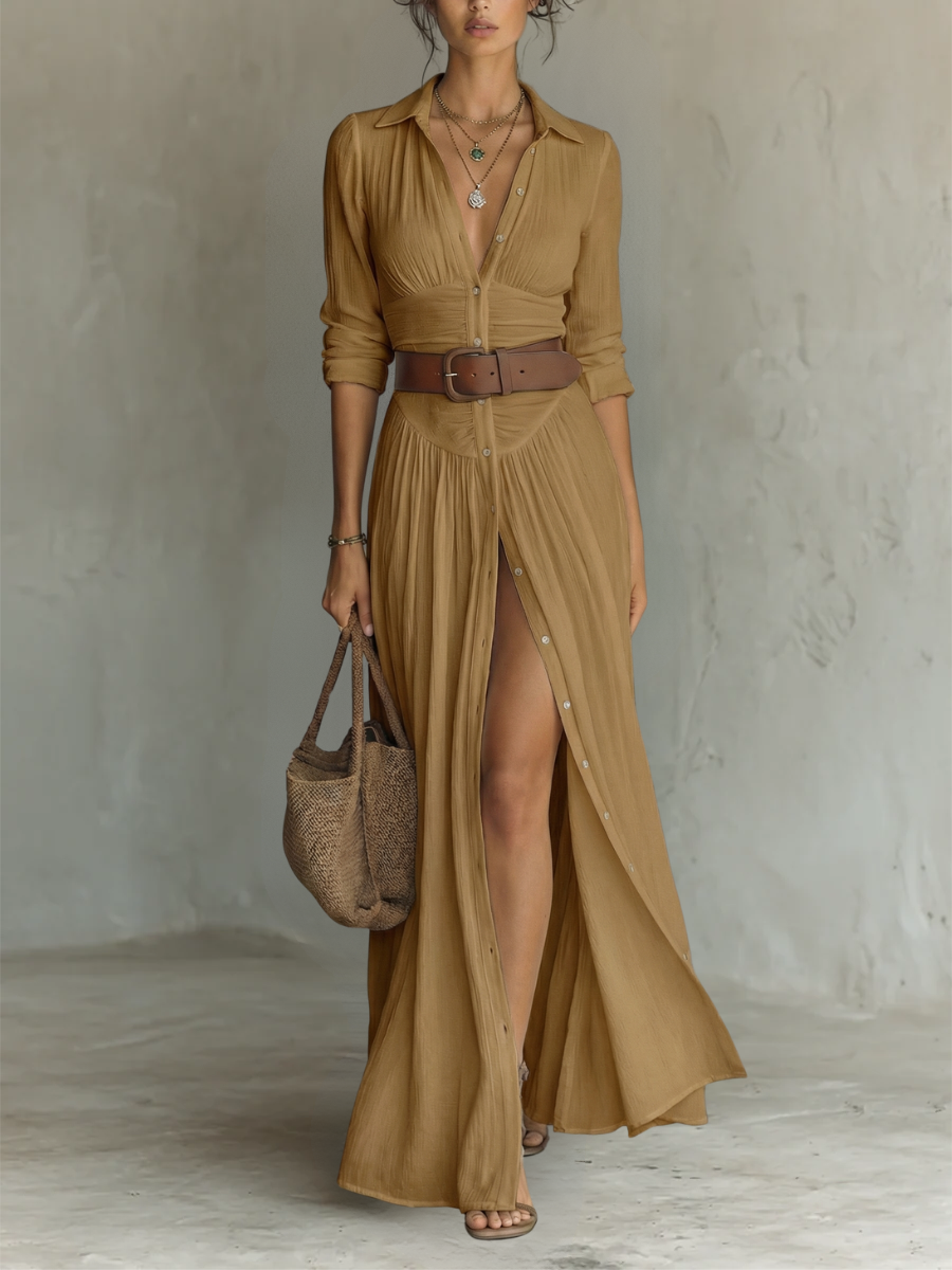 Maxikleid für Frauen mit Cut-Out-Kragen und langen Ärmeln