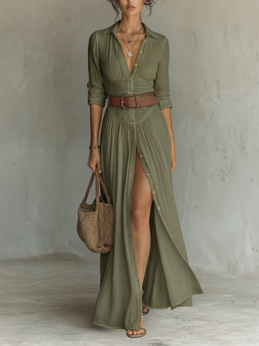 Maxikleid für Frauen mit Cut-Out-Kragen und langen Ärmeln