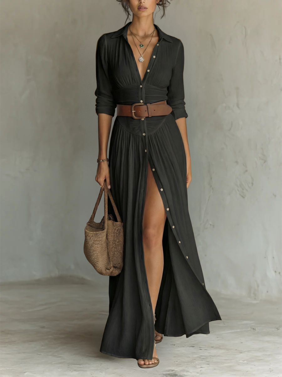 Maxikleid für Frauen mit Cut-Out-Kragen und langen Ärmeln