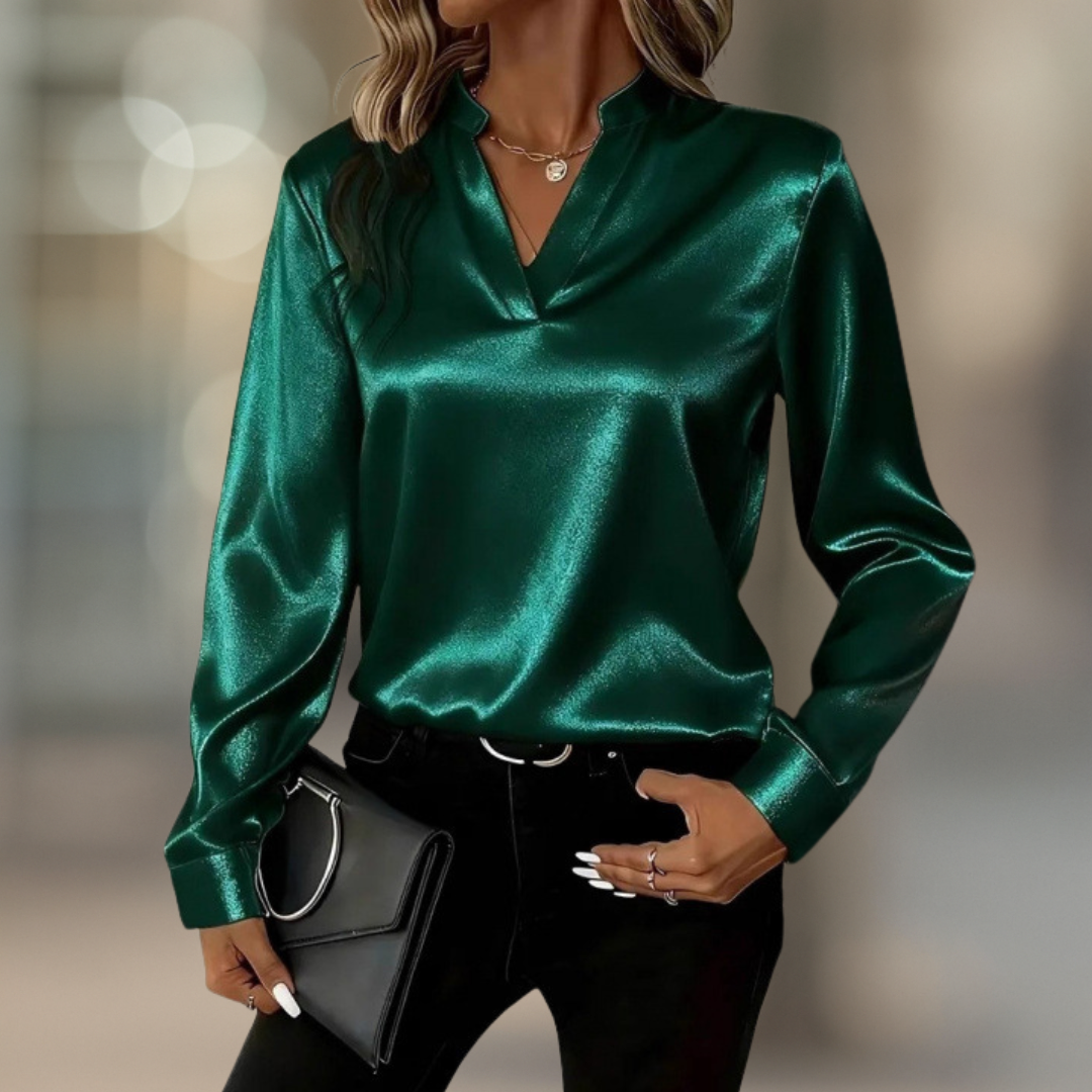 Lumière Elegante Luxe Satin Damenbluse mit V-Ausschnitt