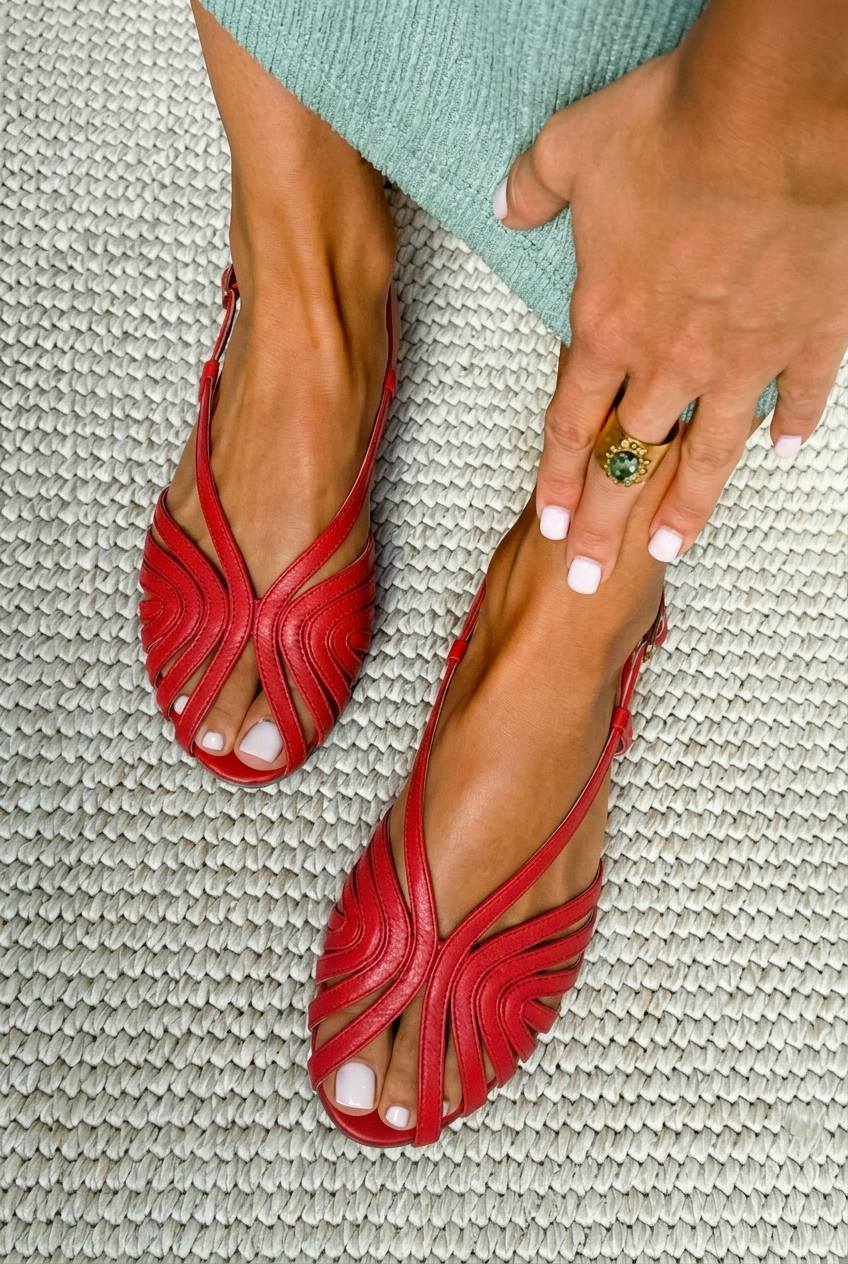 Rote Sommer Peep-Toe Sandalen mit niedrigem Absatz und Leder-Käfigeffekt
