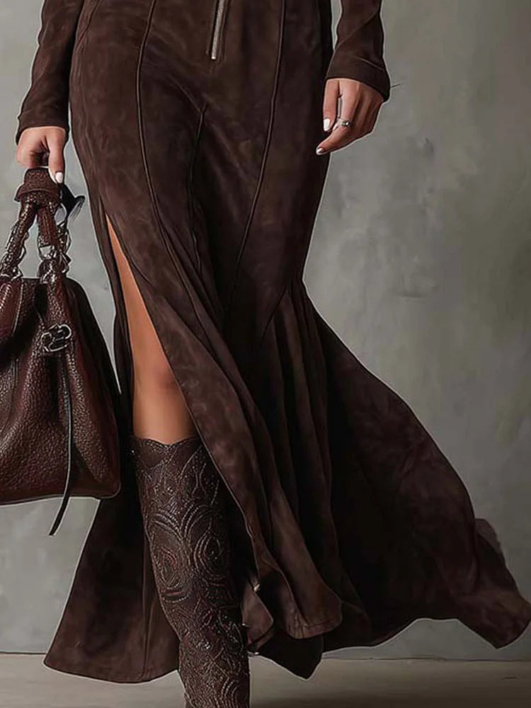 Marceline | Lange Braune Robe mit Taillengürtel
