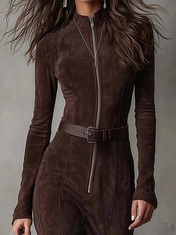Marceline | Lange Braune Robe mit Taillengürtel