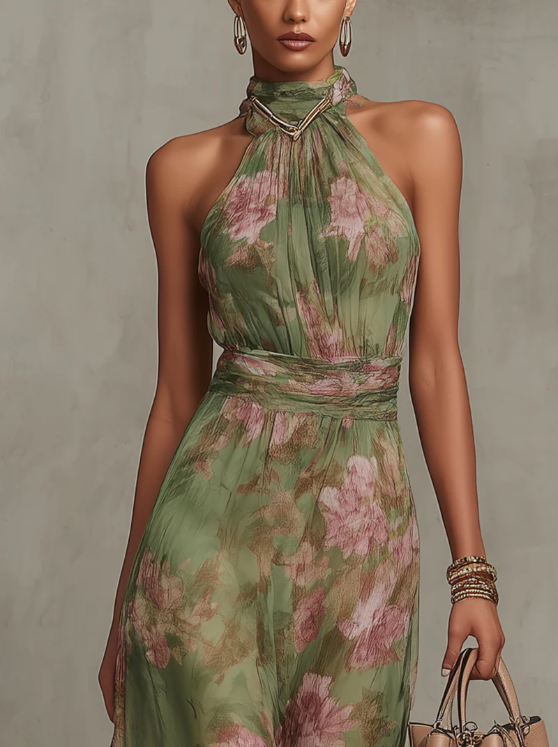 Florine™ | Grünes Maxi-Kleid mit Blumendruck