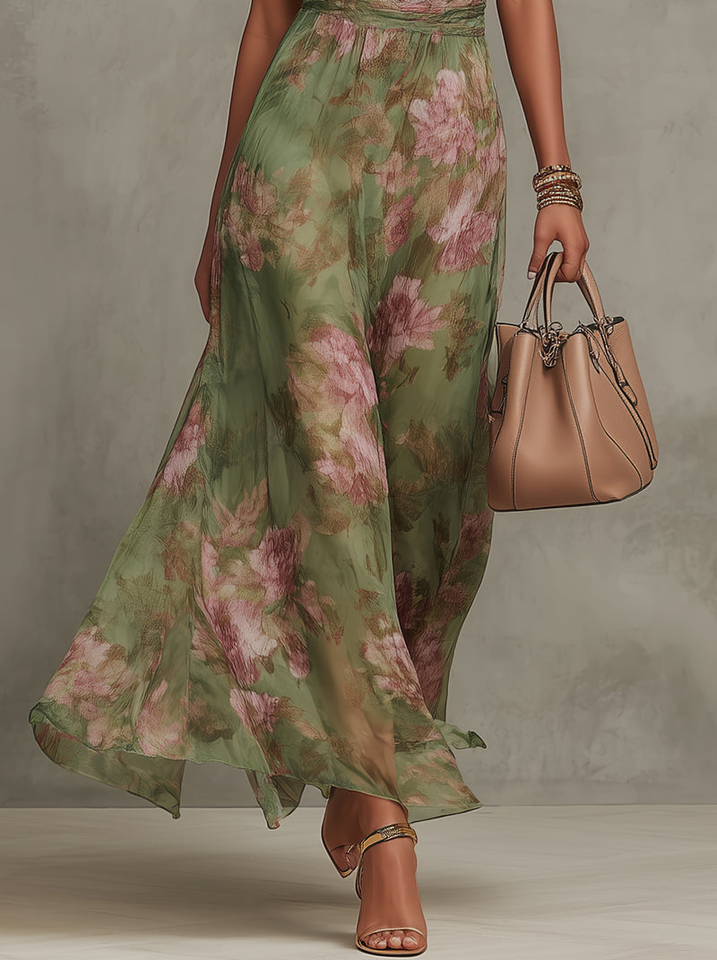 Florine™ | Grünes Maxi-Kleid mit Blumendruck