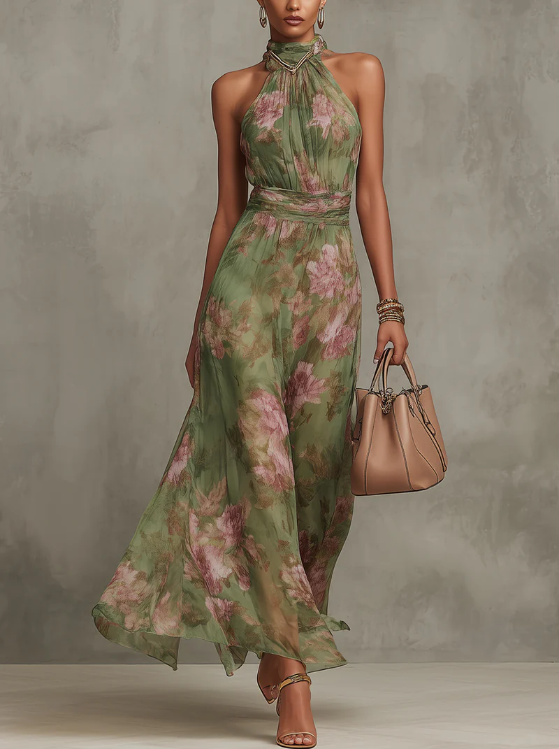 Florine™ | Grünes Maxi-Kleid mit Blumendruck