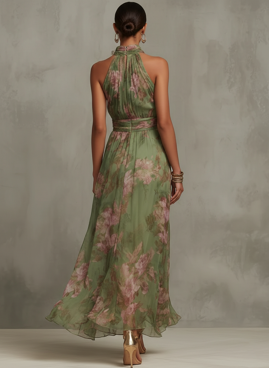 Serena ∙ Grünes Floral Chiffon Maxikleid mit Neckholder