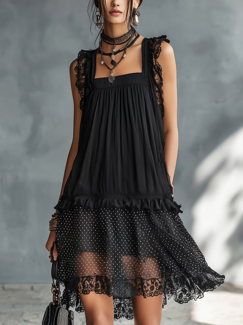 Pauline | Mini-Transparente Kleid mit Punkten, Rüschen und schwarzem Spitzenbesatz