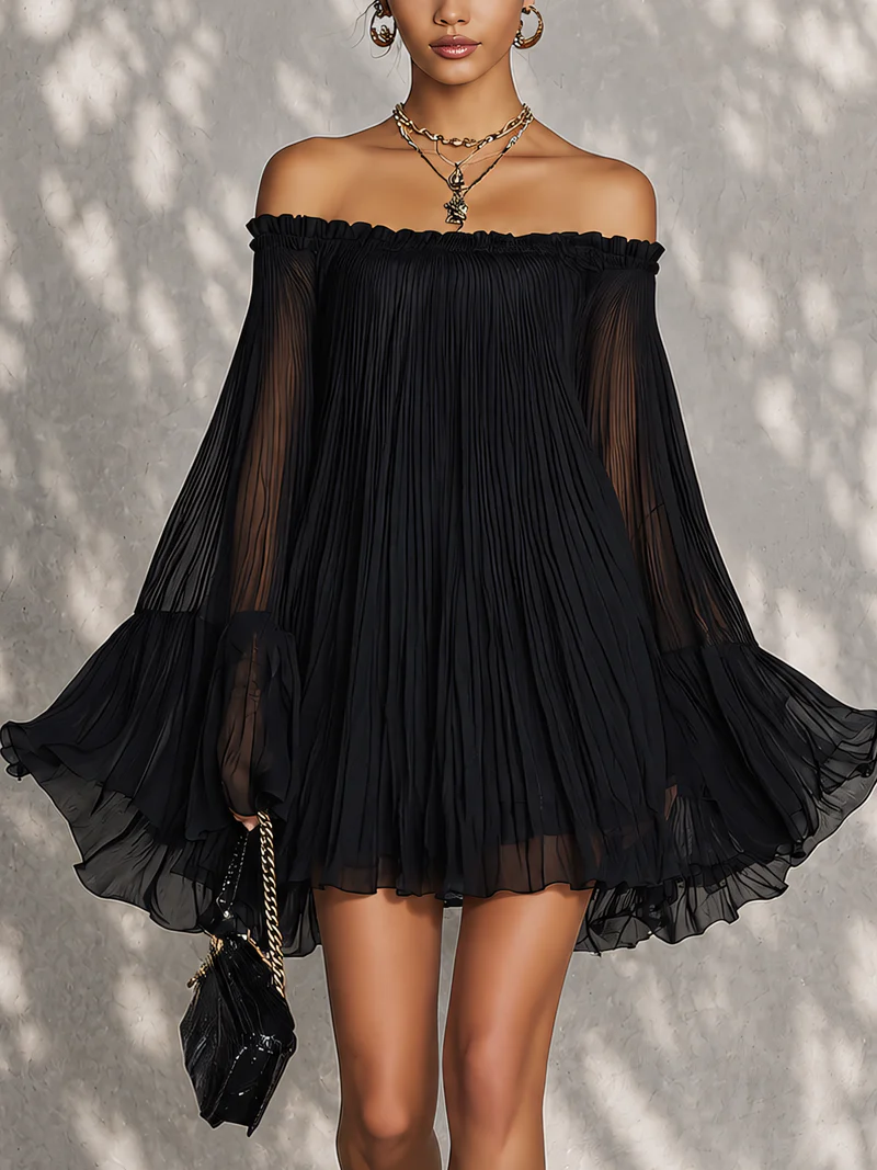 Océane | Mini Schwarz Kleid mit Glockenärmeln und Off-Shoulder-Raffung