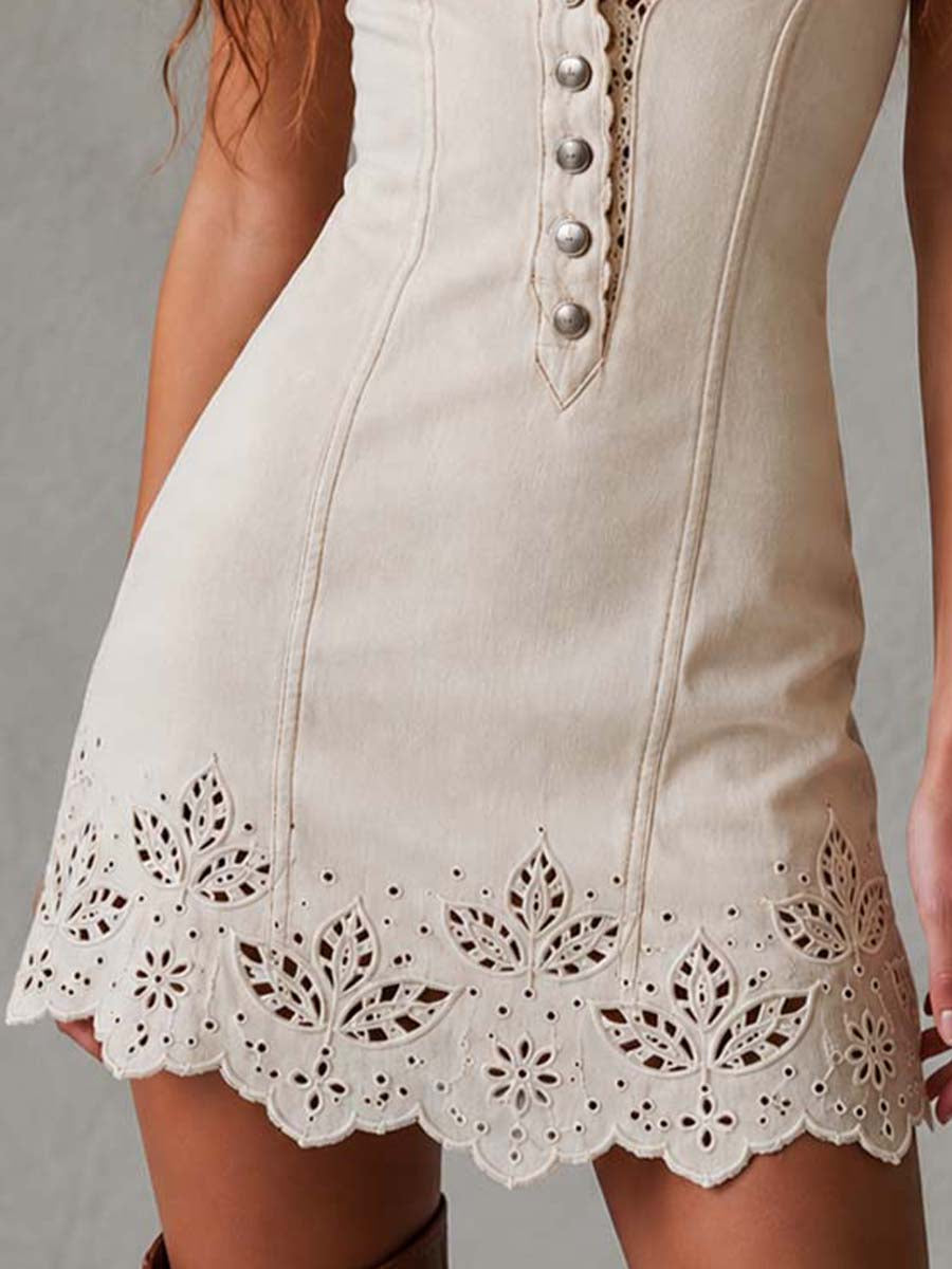 Gabrielle | Elfenbeinfarbenes Mini-Kleid aus durchbrochener Spitze mit V-Ausschnitt