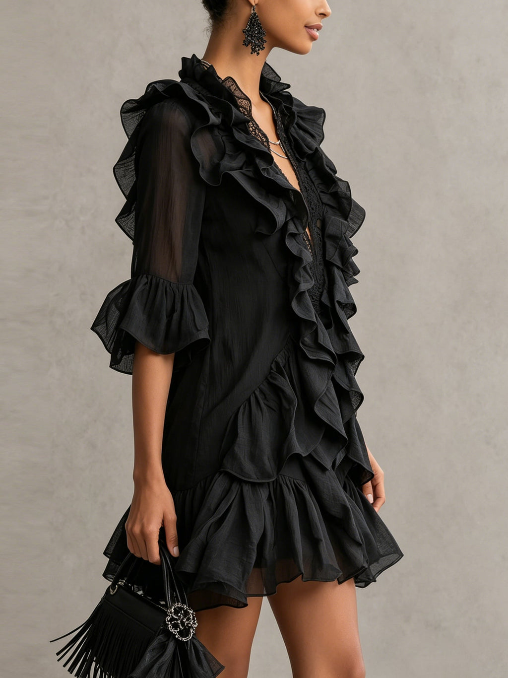 Anaïs | Schwarzes Chiffon-Minikleid mit Rüschen