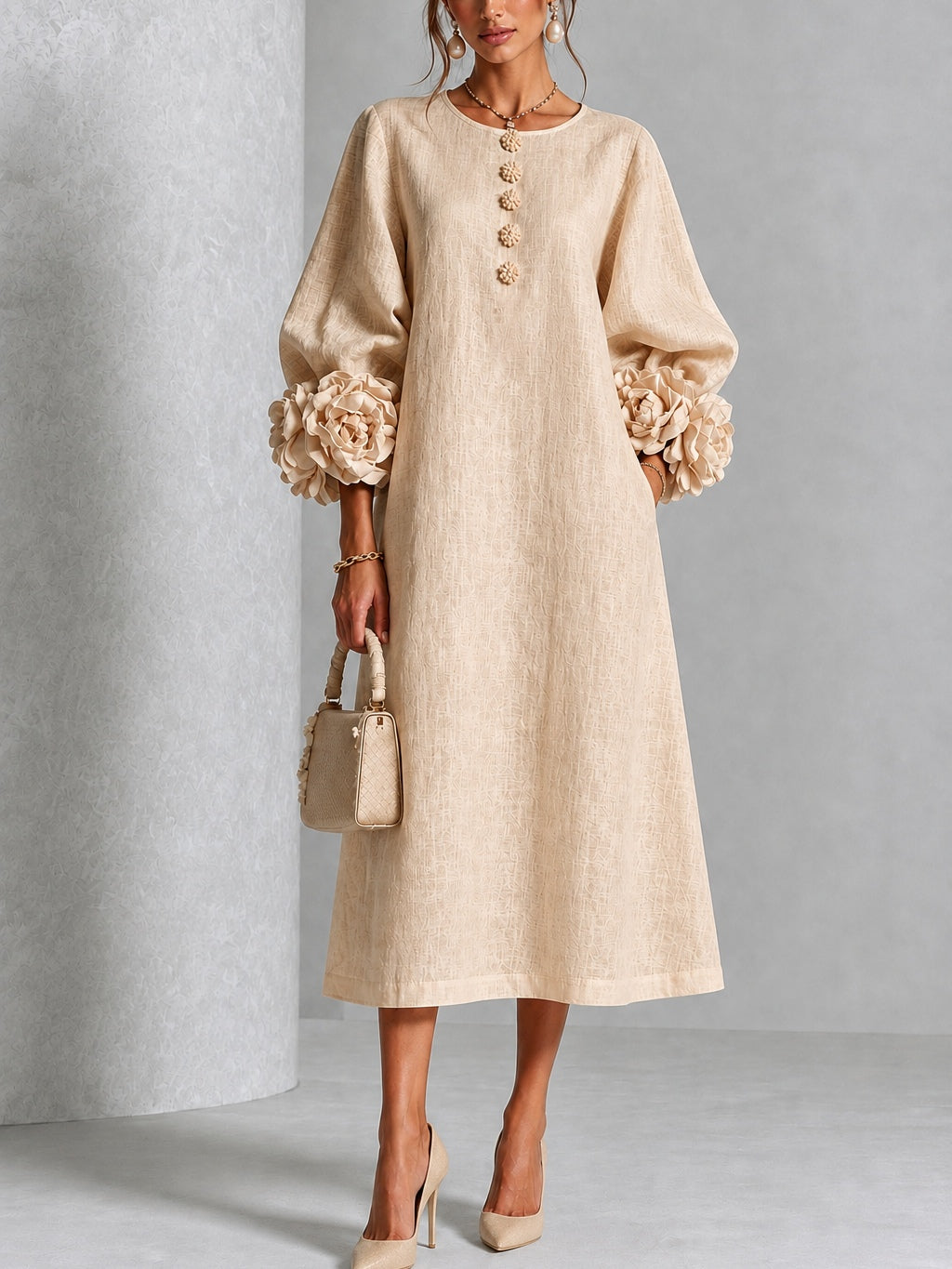 Capucine | Midi-Kleid mit Puffärmeln und floralen Knöpfen