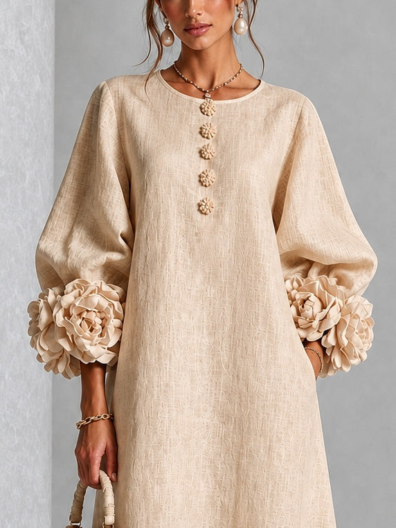 Capucine | Midi-Kleid mit Puffärmeln und floralen Knöpfen
