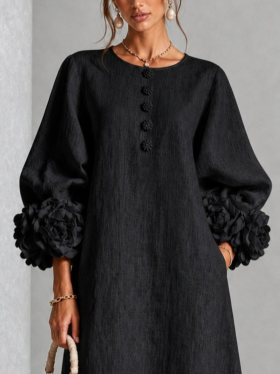 Capucine | Midi-Kleid mit Puffärmeln und floralen Knöpfen