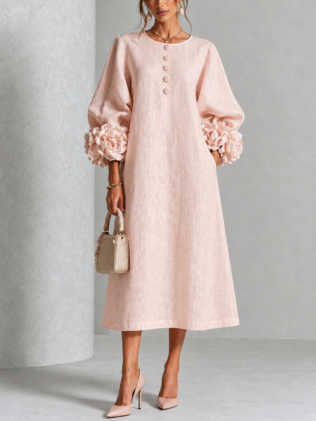 Capucine | Midi-Kleid mit Puffärmeln und floralen Knöpfen