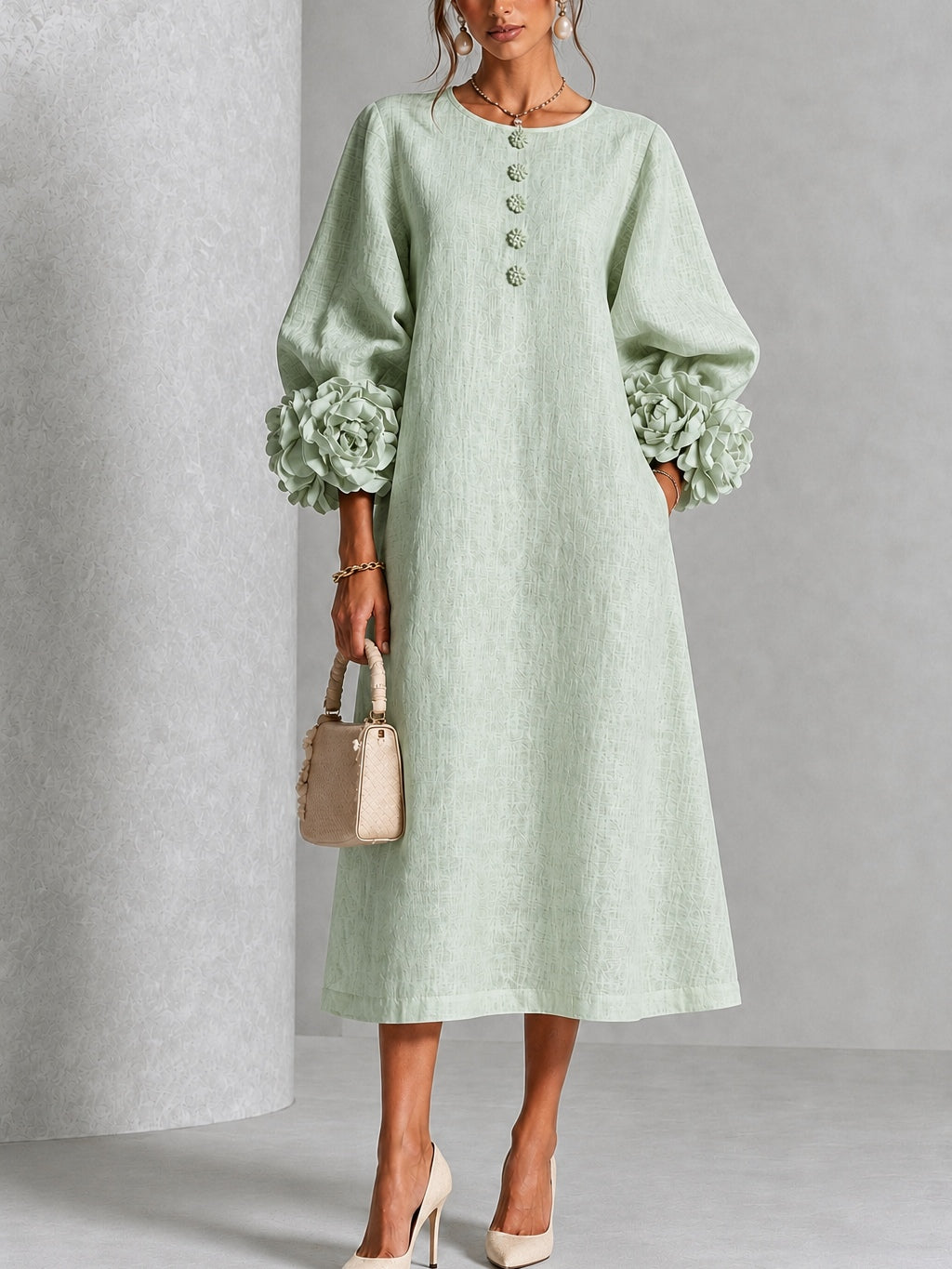 Capucine | Midi-Kleid mit Puffärmeln und floralen Knöpfen