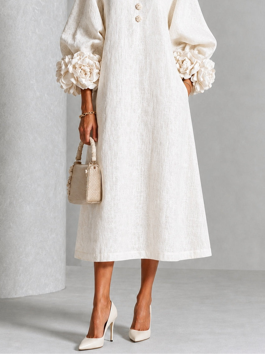 Capucine | Midi-Kleid mit Puffärmeln und floralen Knöpfen